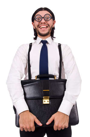 Young businessman holding briefcase isolated on whiteの写真素材