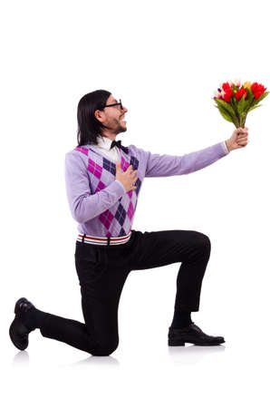 Man holding tulips isolated on whiteの写真素材