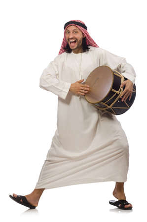 Arab man playing drum isolated on whiteの写真素材