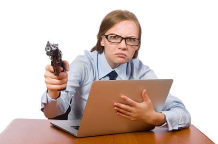 Office employee wth handgun isolated on whiteの写真素材
