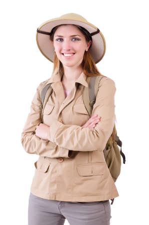 Woman wearing safari hat on whiteの写真素材