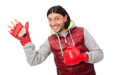 Man wearing boxing gloves isolated on white