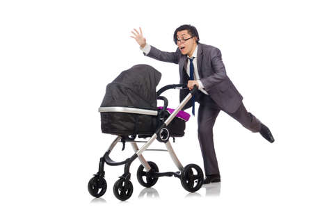 Funny dad with baby and pram on whiteの写真素材