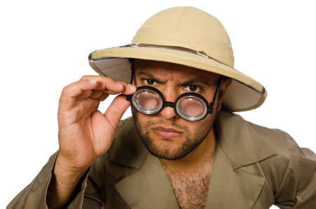Funny safari traveller isolated on whiteの写真素材