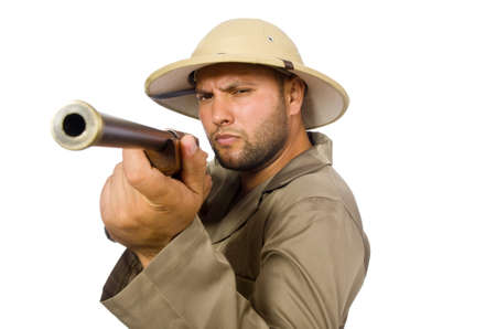 Safari hunter isolated on whiteの写真素材