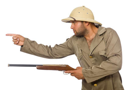 Safari hunter isolated on whiteの写真素材