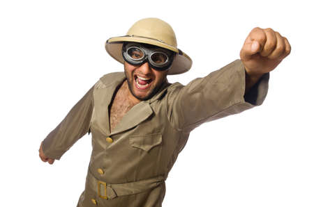Man in safari hat with goggles on whiteの写真素材