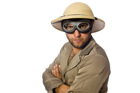 Man in safari hat with goggles on whiteの写真素材