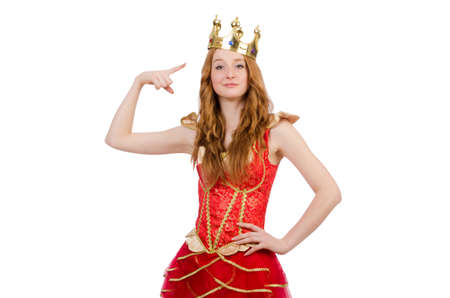 Princess wearing crown and red dress isolated on whiteの写真素材