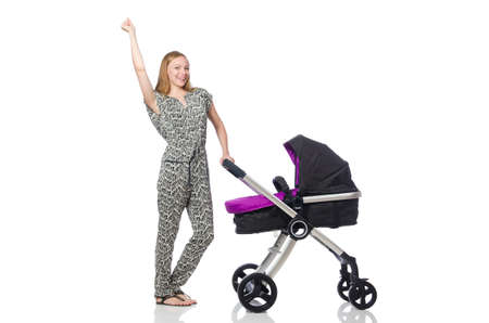 Happy mom with her baby in pram