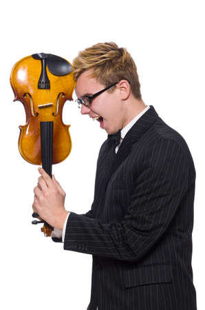 Young musician with violin isolated on whiteの写真素材