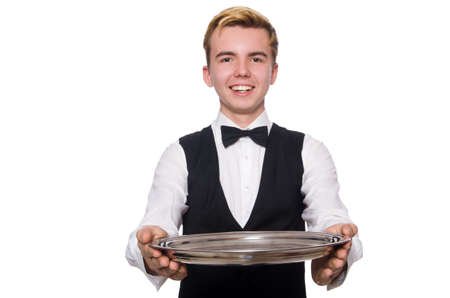 Waiter holding plate isolated on whiteの写真素材