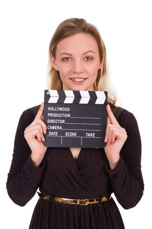 Brown dress girl holding clapperboard isolated on whiteの写真素材