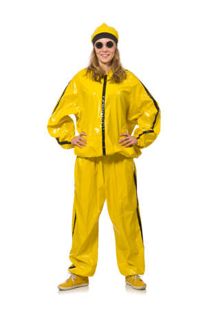 Woman in yellow suit isolated on white