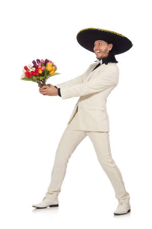 Funny mexican in suit holding flowers isolated on whiteの写真素材