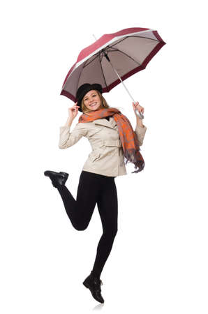 Woman with umbrella isolated on whiteの写真素材