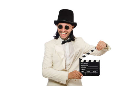 Man holding movie board isolated on whiteの写真素材