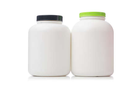 Jars with food additive protein isolated on whiteの写真素材