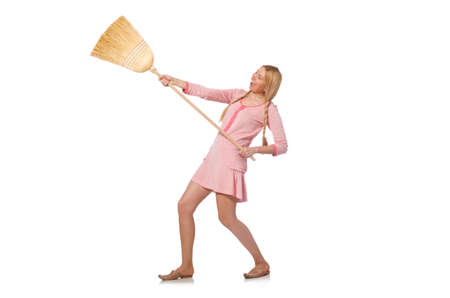 Housewife doing home cleaning isolated on whiteの写真素材