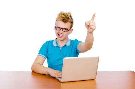 Student with laptop isolated on whiteの写真素材