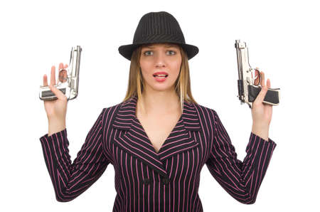 Gangster woman with gun isolated on white