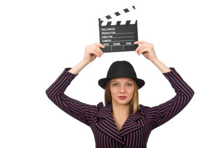 Woman with movie clapboard isolated on whiteの写真素材