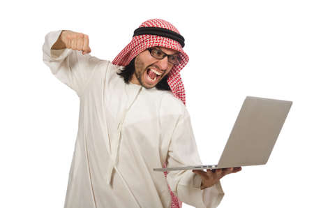 Arab man with laptop isolated on whiteの写真素材