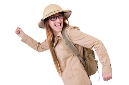 Woman wearing safari hat on whiteの写真素材