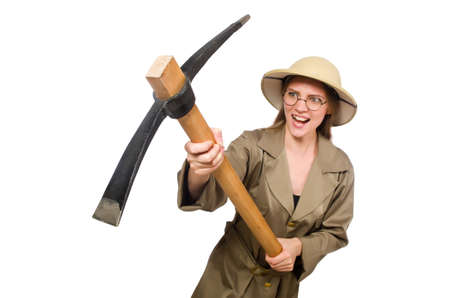 Woman wearing safari hat on white