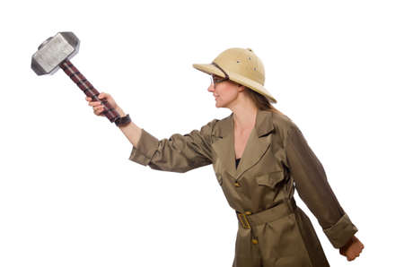 Woman wearing safari hat on whiteの写真素材