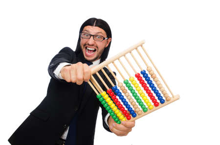 Funny man with calculator and abacusの写真素材