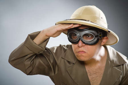 Man wearing safari hat in funny conceptの写真素材