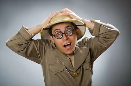 Man wearing safari hat in funny conceptの写真素材