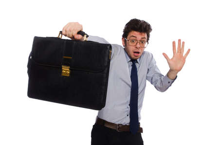Young employee with briefcase isolated on whiteの写真素材
