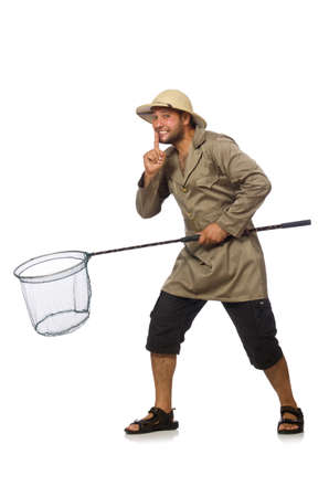 Man hunting for butterflies isolated on whiteの写真素材