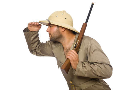 Safari hunter isolated on whiteの写真素材