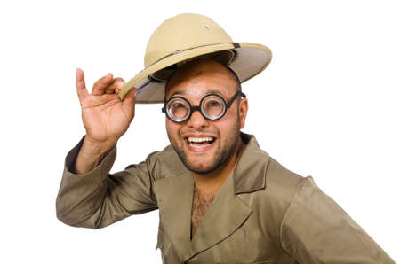 Funny safari traveller isolated on whiteの写真素材