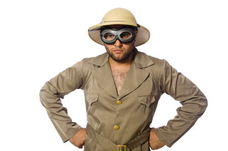 Man in safari hat with goggles on whiteの写真素材