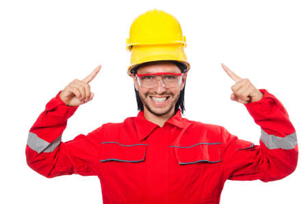 Man wearing red coveralls isolated on white