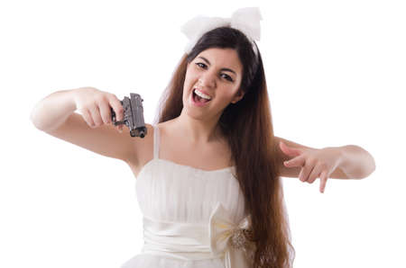 Young bride in funny concept on whiteの写真素材