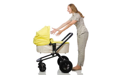 Woman with pram isolated on whiteの写真素材