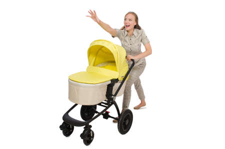 Woman with pram isolated on whiteの写真素材