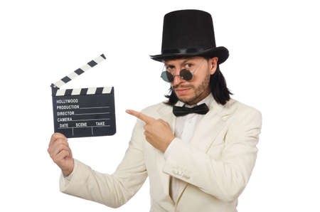 Man holding movie board isolated on whiteの写真素材