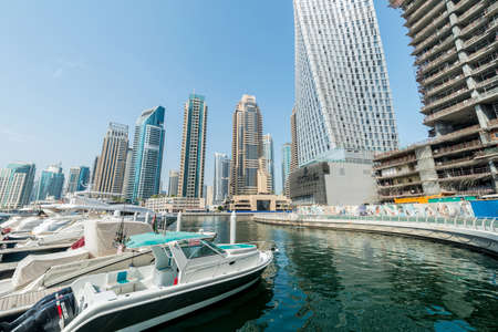 Dubai - AUGUST 9, 2014: Dubai Marina district on August 9 in UAE. Dubai is fastly developing city in Middle Eastのeditorial素材