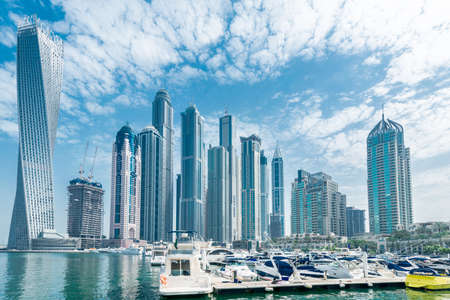 Dubai - AUGUST 9, 2014: Dubai Marina district on August 9 in UAE. Dubai is fastly developing city in Middle Eastのeditorial素材