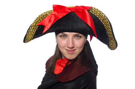 Female pirate in black coat isolated on whiteの写真素材