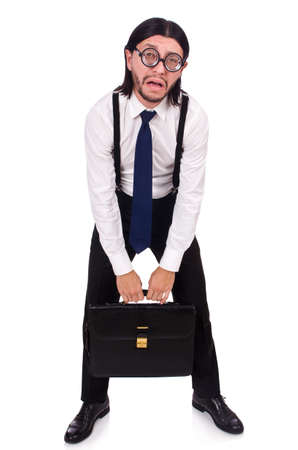 Young businessman holding briefcase isolated on whiteの写真素材
