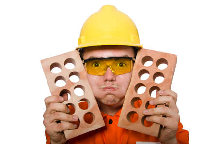 Man in orange coveralls isolated on white