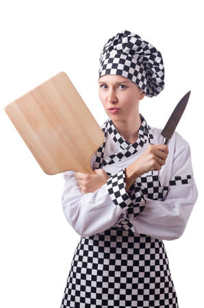 Female chef holding chopping board and knife isolated on whiteの写真素材