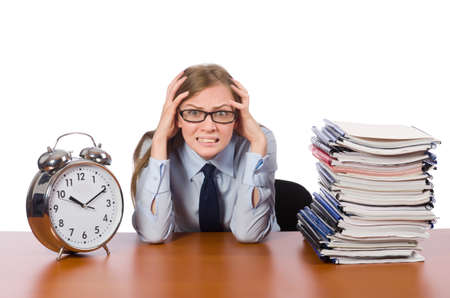 Office employee at work table isolated on whiteの写真素材